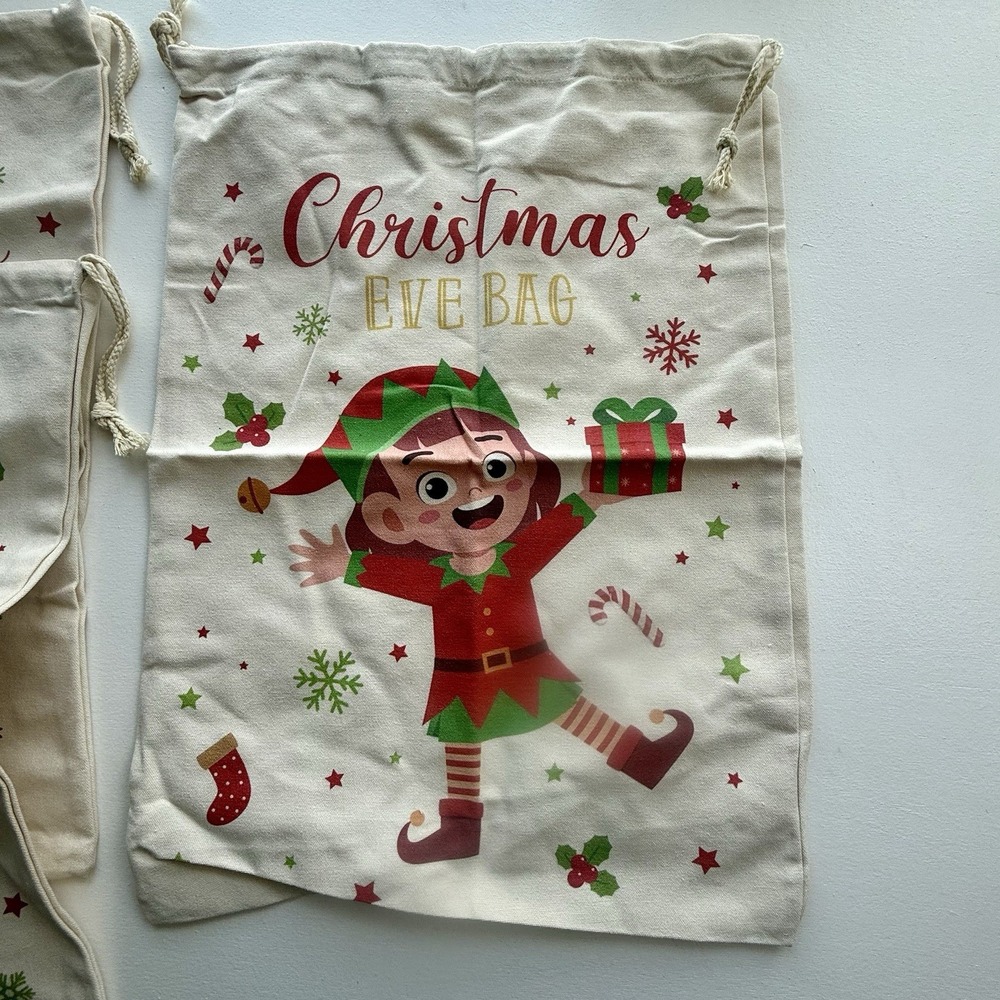 Large Christmas Holiday Gift  Bag Elf Lot Of‎ 3 Ivory Color 24 Inches Cloth. - Picture 5 of 8